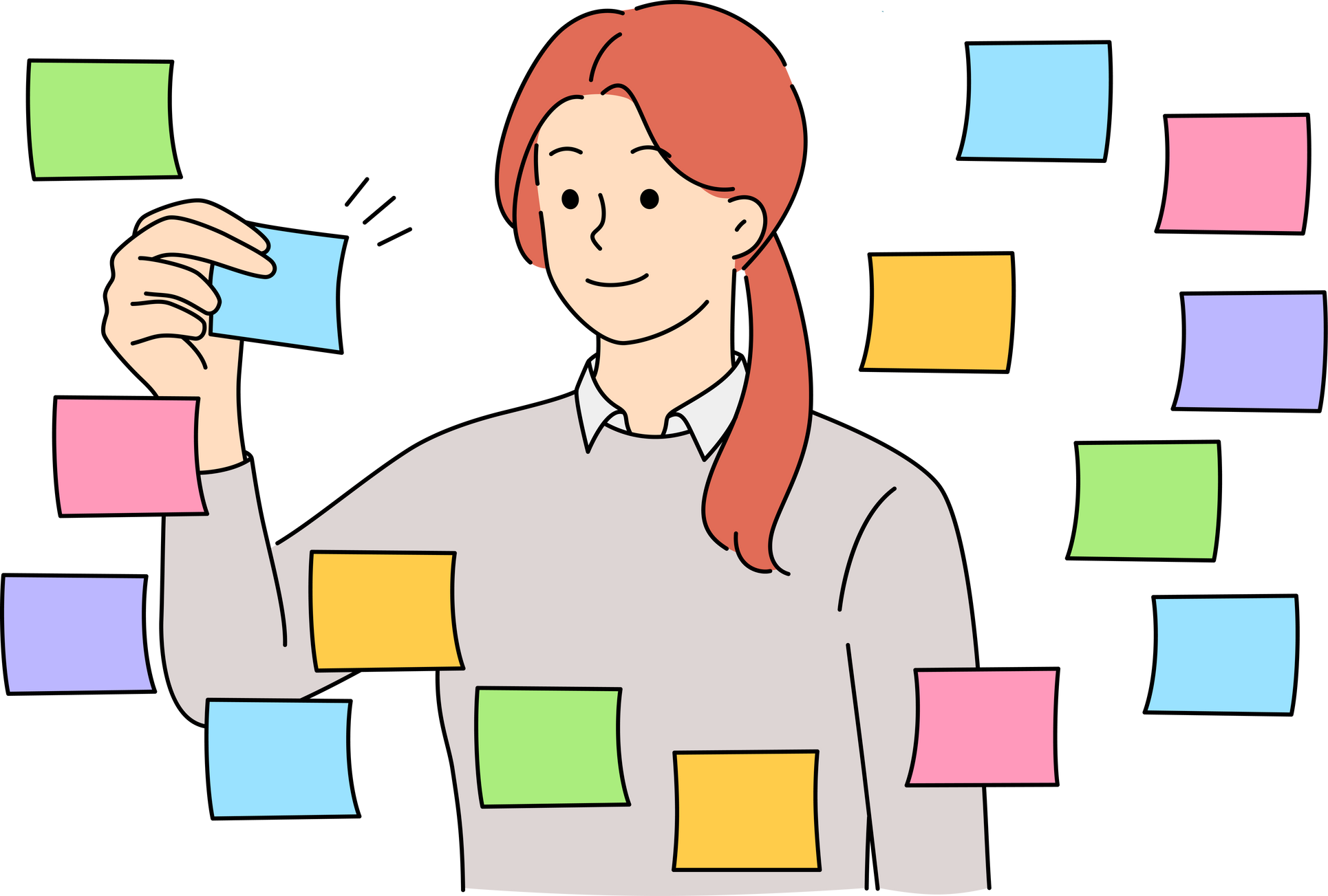 Businesswoman work with sticky notes on board